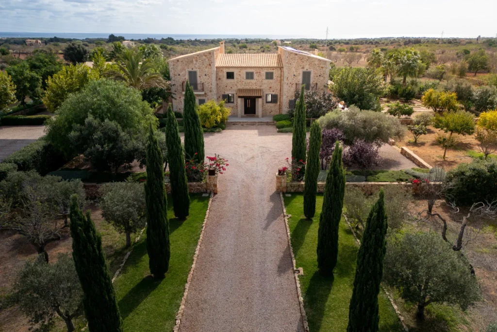 Allee mit Bäumen führt zu Finka Mallorca beschnitten